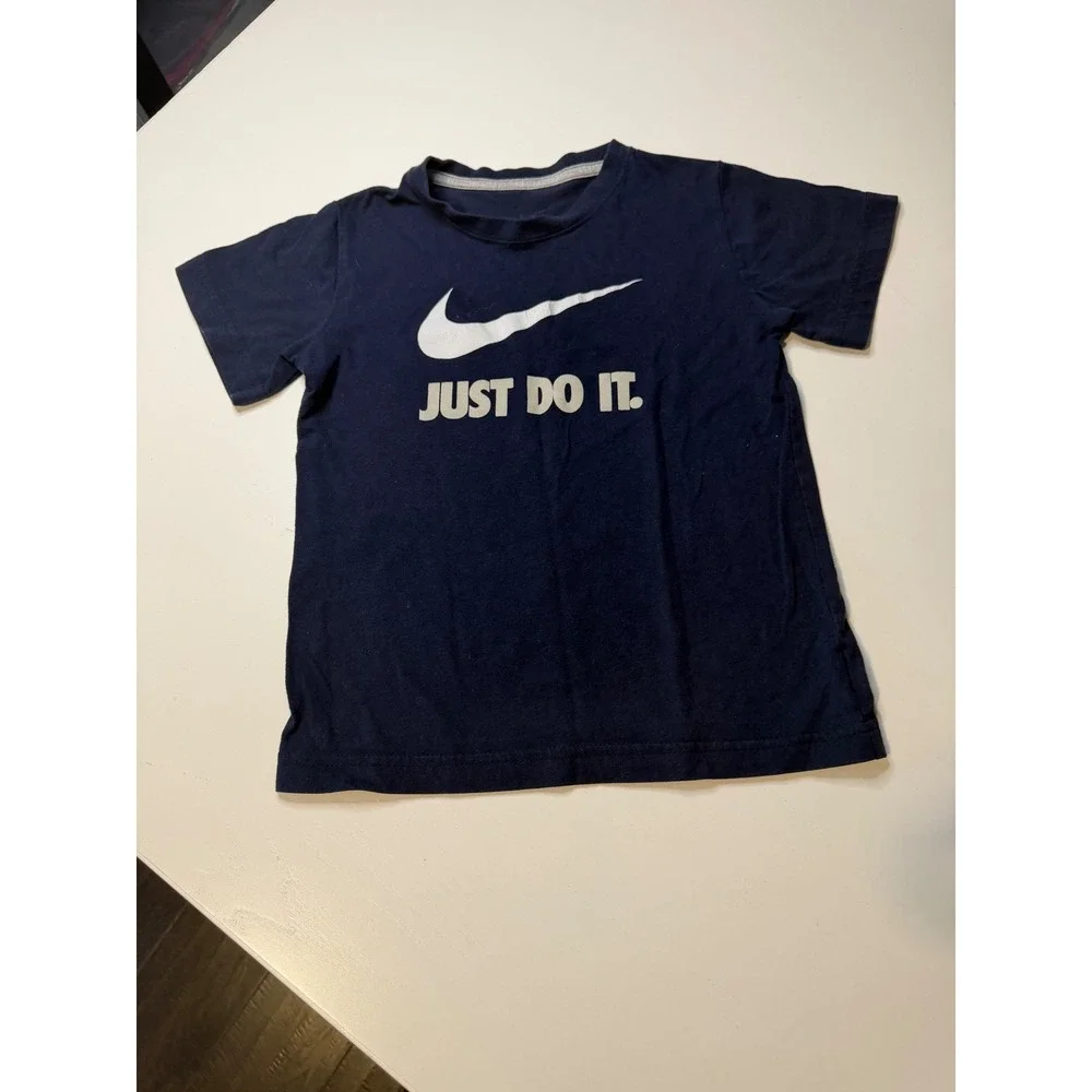 Nike Boys Just Do It Graphic T-Shirt Navy Blue Short Sleeve Swoosh Logo Size 7